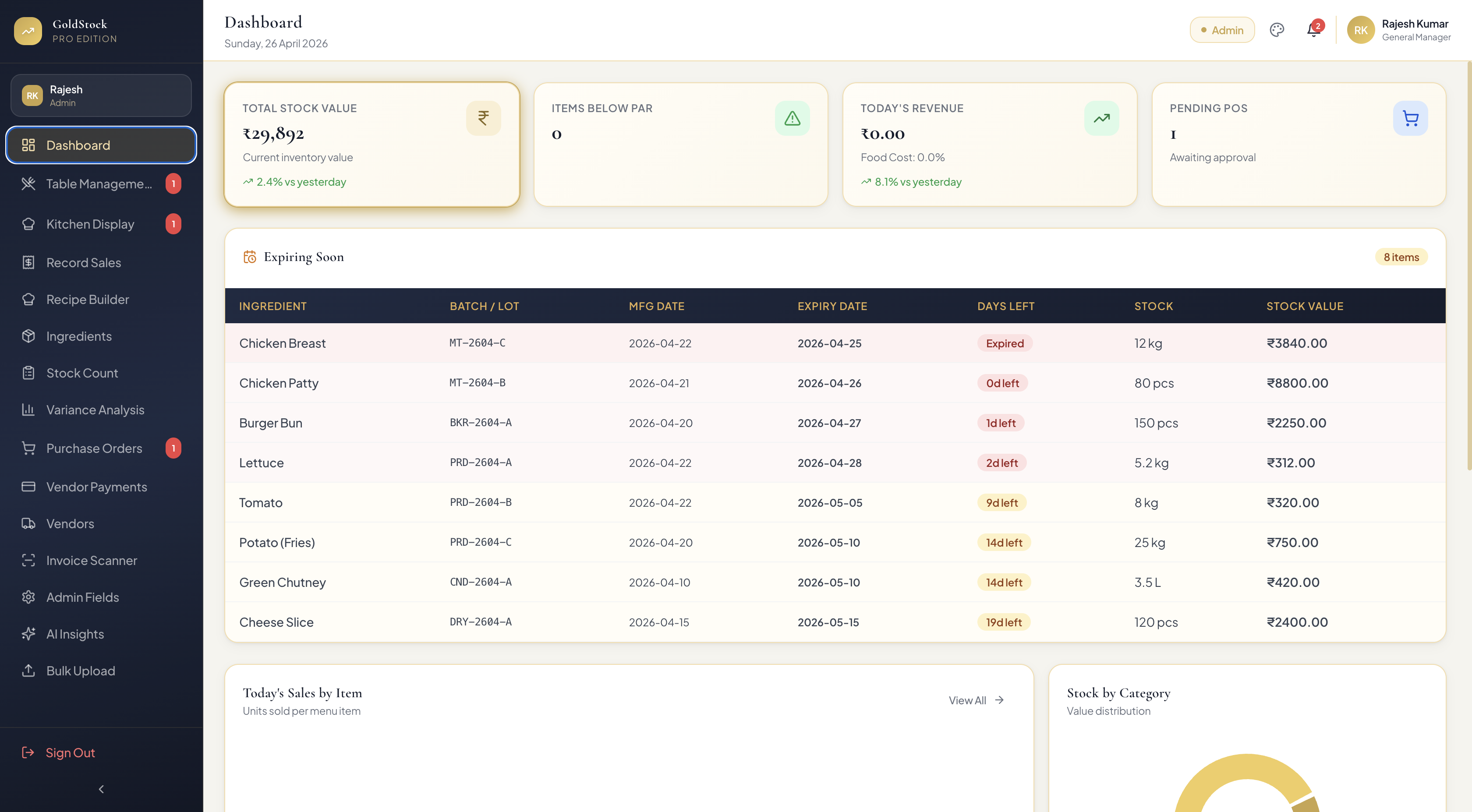 GoldStock Hotel Management Dashboard